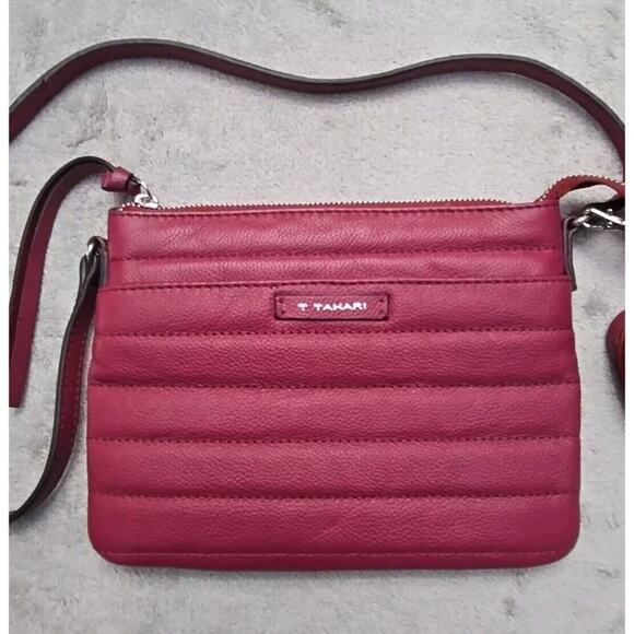 T Tahari Metro Crossbody Bag Leather Deep Red With Side Pouch Tassel - Picture 2 of 10